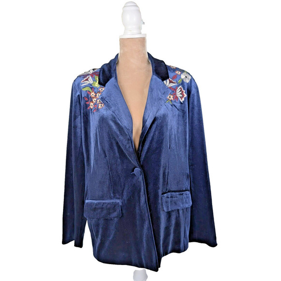 Colleen Lopez Blue Velvet Embroidered Flower Blazer Jacket Size 1X - Picture 1 of 12